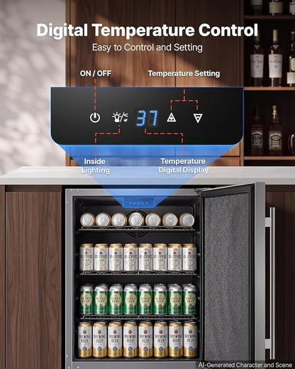 VEVOR Outdoor Beverage Refrigerator, 24 Inch Undercounter Drink Fridge | 304 Stainless Steel Body, 5.0 Cu. Ft, Hold 180 Cans, Powerful Cooling System, Built-in / Freestand Cooler, Home Bar & Patio