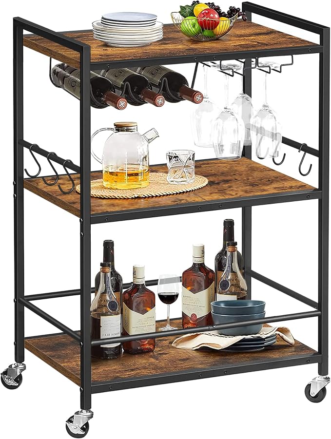 TUTOTAK Bar Cart with Wheels, Drink Cart with Wine Rack and Glass Holder | 3-Tier 23.7 Inch Wide Home Bar Serving Carts, Small Mobile Kitchen Shelf with 6 Hooks, Rustic Brown BC01BB030