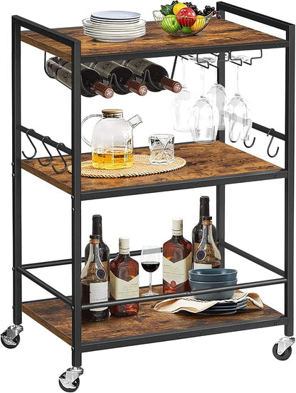 TUTOTAK Bar Cart with Wheels, Drink Cart with Wine Rack and Glass Holder | 3-Tier 23.7 Inch Wide Home Bar Serving Carts, Small Mobile Kitchen Shelf with 6 Hooks, Rustic Brown BC01BB030