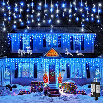 66FT Icicle Lights for Outside 640 LED Blue and White Christmas Lights | Connectable Icicle Christmas Lights Outdoor Waterproof, Plug in 8 Modes with 120 Drops for House Party Wedding Decoration