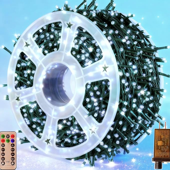1000LED 328FT Outdoor Christmas Lights, 8 Modes String Lights (Cool White) | Remote control with 3 timers & memory function, IP44 Waterproof suitable for Christmas tree, house and holiday decor