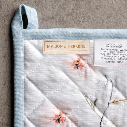 Maison d' Hermine 100% Cotton Oven Mitt & Pot Holder Set (7.5"x13" & 8"x8") | Heat Resistant BBQ Cooking Gloves with Loop Baking Grilling Kitchen Hotel Home Farmhouse Thanksgiving Christmas - Ice Florals