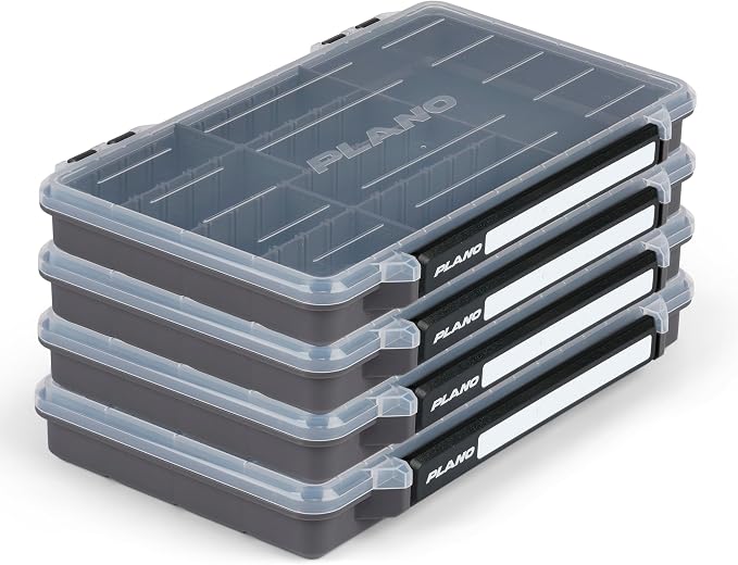 Plano StowAway 3600 50/50 Split Stow Tackle Box, 4-Pack, Corrosion-Preventive Rustricor, Single Latch Design, Transparent DuraView Lid, Stackable Storage for Fishing Bait, Lures and Gear