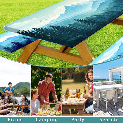Picnic Table Cover with Bench Covers and Bag, Forest Mountain Sunset Camping Tablecloth, Waterproof Windproof Oilproof Elastic Edges Fitted Tables Cover for Indoor Outdoor 3PCS 30x96 Inch (Green)