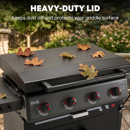 FEASTO 36" 4-Burner Propane Gas Griddle with Side Burner and Cabinet | 50,000 BTU, 720 Sq. In., Outdoor Flat Top Grill with Disposable Foil Liners for Patio, Backyard, BBQ Party, Black