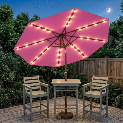 10FT Solar Lighted Patio Umbrella, Outdoor Table Market Umbrellas with Push Button Tilt and Crank, 32 LED Lights, 8 Sturdy Ribs, UV-Resistant for Deck, Garden, Pool
