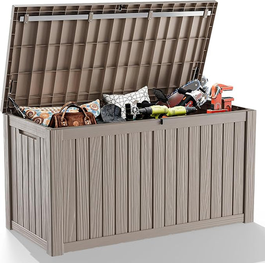 PatioZen 180 Gallon Large Deck Box,Resin Outdoor Storage Box with Lockable for Patio Furniture, Pool Accessories, Garden Tools Waterproof Outside Storage Box, Grey