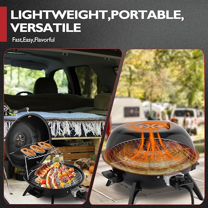 ROVSUN 1600W Vertical Electric Grill with Lid, Red 304 Stainless Steel Grill w/Detachable Pull-out Drip Tray, Double Layer Design, Portable & Removable, for Indoor and Outdoor Use (Black Tabletop)