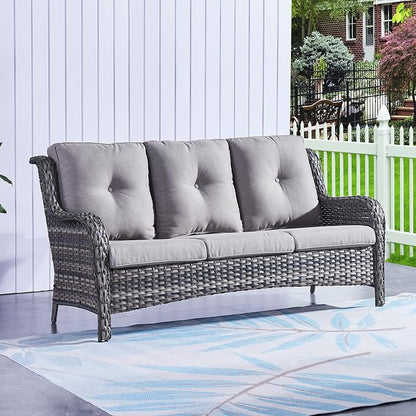 Rilyson Outdoor Patio Wicker Sofa, 900Lbs Weight Capacity Large 3 Seater Wicker Patio Couch with 4in Seat Cushions and Deep Seating, All Weather for Backyard, Garden, Poolside (Mixed Grey/Grey)