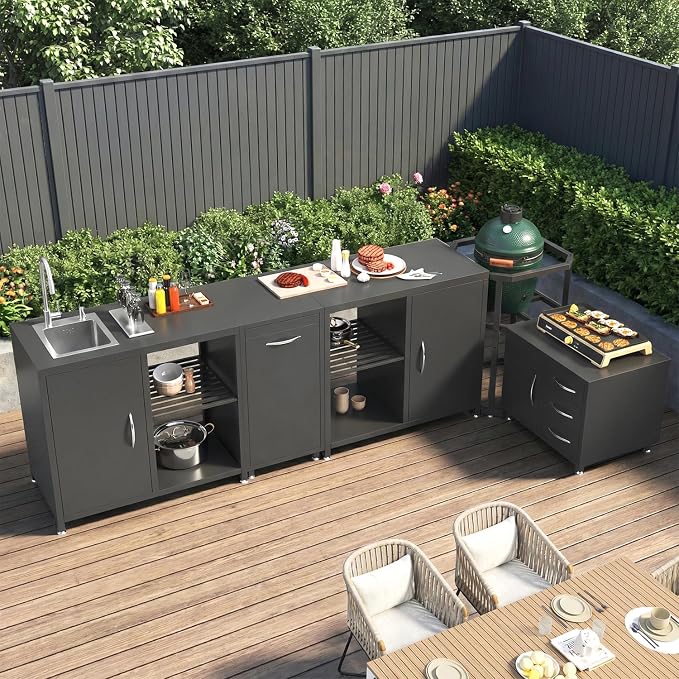 EROMMY 5-Piece Modular Outdoor Kitchen Island with Sink, Large Storage Cabinet & Shelf, Pull-Out Trash Drawer and Grill Stand, Outdoor Storage Kitchen Set for BBQ, Deck, Backyard, Black