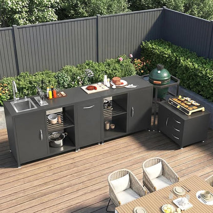 EROMMY 5-Piece Modular Outdoor Kitchen Island with Sink, Large Storage Cabinet & Shelf, Pull-Out Trash Drawer and Grill Stand, Outdoor Storage Kitchen Set for BBQ, Deck, Backyard, Black
