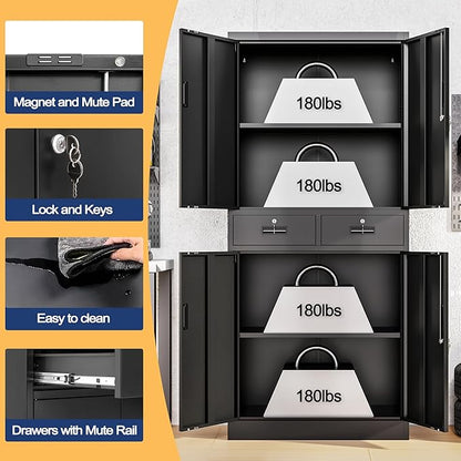 Wanfu Metal Storage Cabinet, 71" Locking Storage Cabinet with Adjustable Shelves and 2 Drawers, Steel Cabinets for Office, Garage, Home, School, Utility Room(Black)
