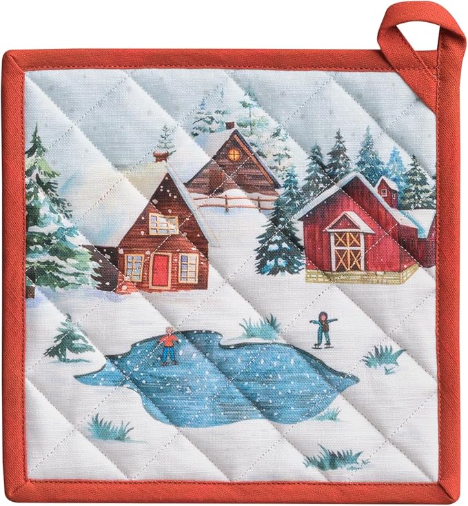 Maison d' Hermine Pot Holders 100% Cotton Potholders (8" x 8", Pack of 1) | Heat Resistant Hot Pads with Loop BBQ Cooking Baking Hotel Kitchen Handling Hot Pans Thanksgiving Christmas - Megeve