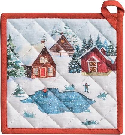 Maison d' Hermine Pot Holders 100% Cotton Potholders (8" x 8", Pack of 1) | Heat Resistant Hot Pads with Loop BBQ Cooking Baking Hotel Kitchen Handling Hot Pans Thanksgiving Christmas - Megeve