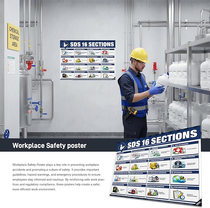 SDS 16 Sections Poster – Safety Data Sheet Chart, OSHA HazCom Workplace Reference Guide, Waterproof, Tear-Resistant Chemical Safety Training Sign