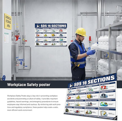 SDS 16 Sections Poster – Safety Data Sheet Chart, OSHA HazCom Workplace Reference Guide, Waterproof, Tear-Resistant Chemical Safety Training Sign