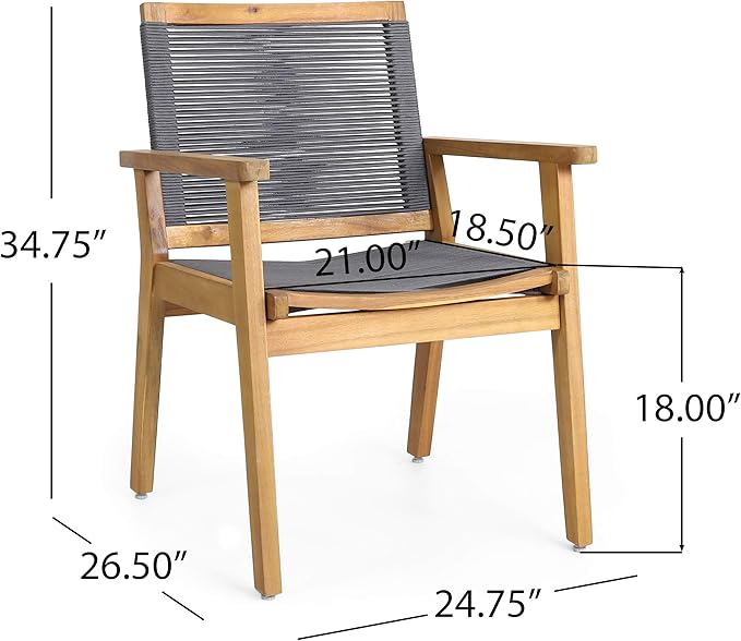 Christopher Knight Home Tracy Outdoor Acacia Wood Dining Chair with Rope Seating (Set of 2), Teak and Dark Gray