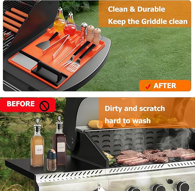 Silicone Grill Tools Mat for Blackstone Side Shelves (22–28″) – Heat-Resistant Utensil Organizer with Drip Pad, 8 Slots, Easy-Clean Prep & Counter Protection