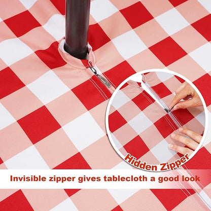 SquarePie 60x84 Inch Rectangle Outdoor Tablecloth with Umbrella HOL -Waterproof Spillproof Polyester Zipped Patio Table Cloth for Spring Summer Picnic Camping Backyard BBQs, Red Checkered