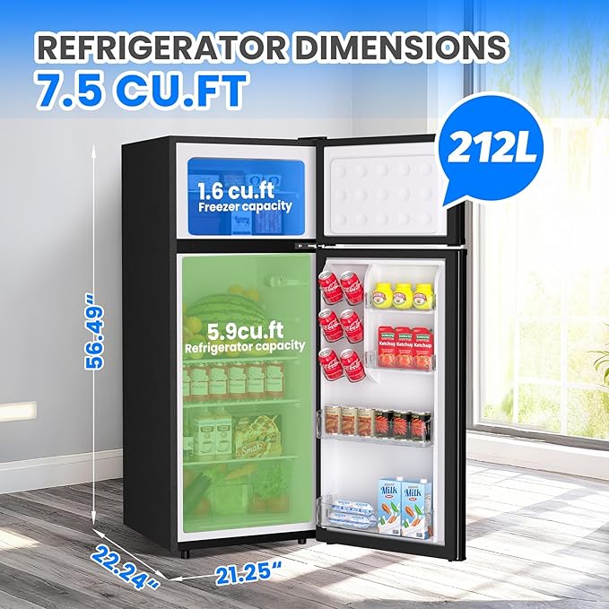 PioneerWorks 7.5 Cu. Ft. Compact Refrigerator | Two Door Mini Fridge with Energy-Efficient & Quiet Operation | for Dorm, Office, Bedroom, Kitchen, Bar Use with Adjustable Shelves-Black