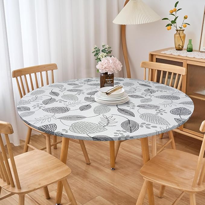 LIBERECOO Round Vinyl Fitted Tablecloth with Flannel Backing Elastic Edge Plastic Table Cover - Leaf Whisper - Waterproof Stain-Resistant Wipeable Tablecloths
