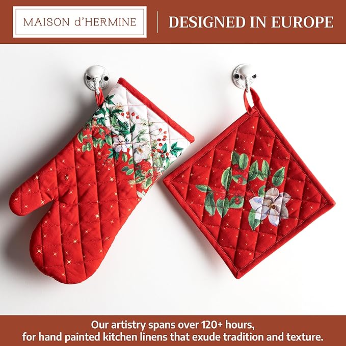 Maison d' Hermine 100% Cotton Oven Mitt & Pot Holder Set (7.5"x13" & 8"x8") Heat Resistant BBQ Cooking Gloves with Loop for Thanksgiving Christmas Decorations Handling Hot Pans (Noel)