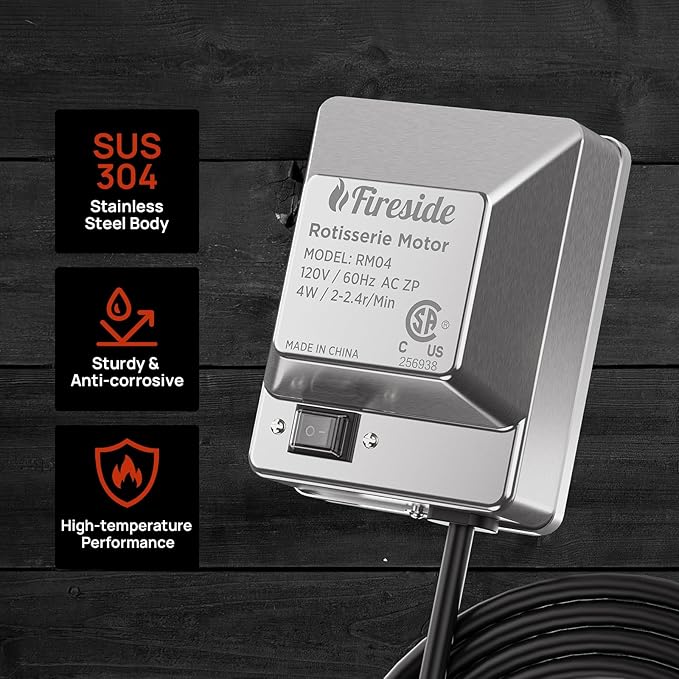TURBRO Universal Stainless Steel Grill Rotisserie Motor, Heavy Duty 4W Replacement Motor with Waterproof On/Off Switch - Supports up to 40 lbs - CSA Certified - for Outdoor BBQ and Gatherings