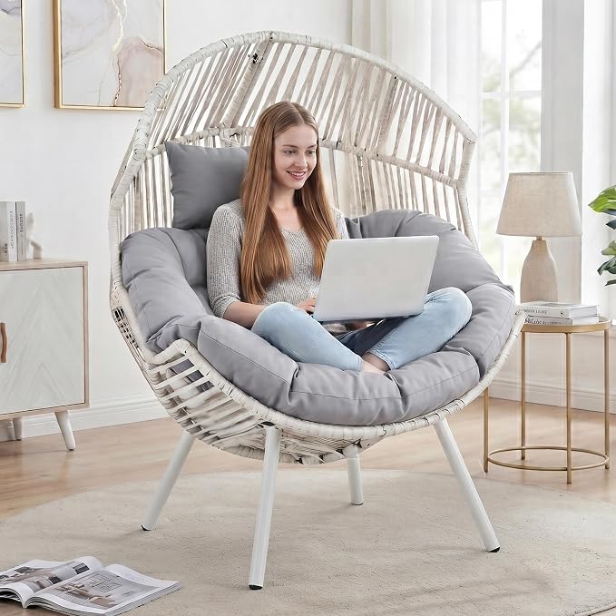 Shintenchi Egg Chair Outdoor with Cushion,Oversized Lounge Chairs,2 Pack | Patio Chair Light Gray,PE Rattan,Egg Seat for Indoor Outdoor Living Room Bedroom Outside Patio Backyard Balcony