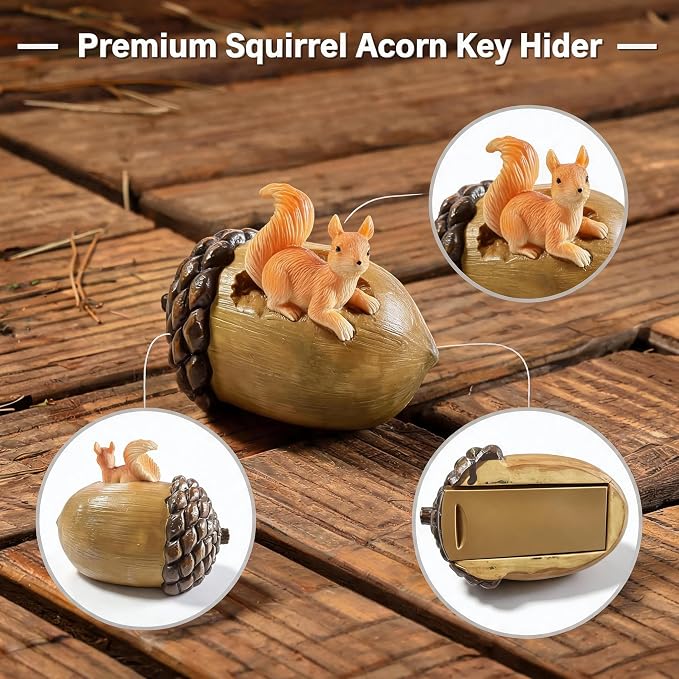 Key Hider Squirrel Acorn Waterproof Outdoor Resin Patio Decor Spare Key Box | Holds 1-2 Standard House Keys, Discreet Hidden Design Blends in Surroundings, Ideal Housewarming Present for New Neighbors
