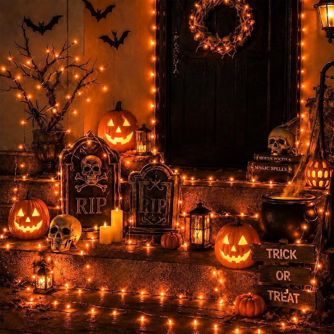YEGUO 165ft 500 LED Orange Halloween String Lights, Clear Wire Christmas String Lights Indoor, 8 Modes Twinkle Tree Lights Plug in with Timer Memory.