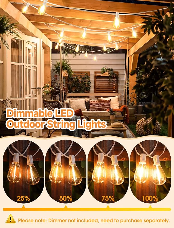 Larkvue 25FT LED Outdoor String Lights, 10+1 Edison S11 Dimmable Bulb Waterproof Shatterproof Patio Lights, Linkable Hanging Strand for Yard, White