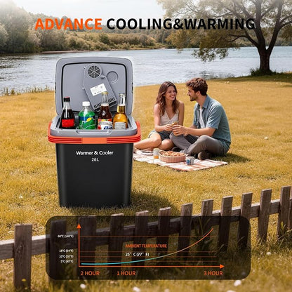 Garvee 26 L Electric Cooler & Warmer, Portable Car Refrigerator with Auto-Lock Handle, 12V DC for Cars & Trucks, Equipped with 110V AC Household Power Cord, Plug-in Cooling Fridge, Black&Orange