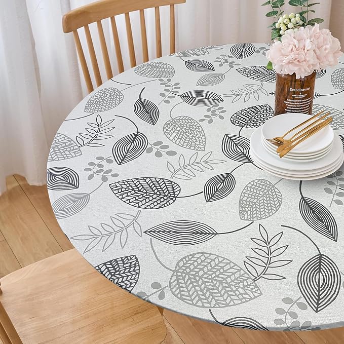 LIBERECOO Round Vinyl Fitted Tablecloth with Flannel Backing Elastic Edge Plastic Table Cover - Leaf Whisper - Waterproof Stain-Resistant Wipeable Tablecloths