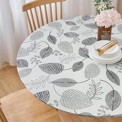LIBERECOO Round Vinyl Fitted Tablecloth with Flannel Backing Elastic Edge Plastic Table Cover - Leaf Whisper - Waterproof Stain-Resistant Wipeable Tablecloths