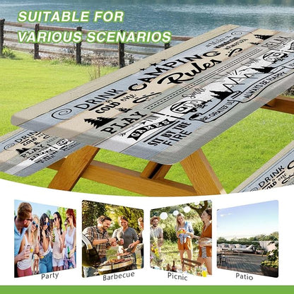 JAWO Picnic Table Cover with Bench Covers, Camping Rules Camper RV Essentials Gear Supplies Outdoor Waterproof Windproof Tablecloth with Elastic, 72in