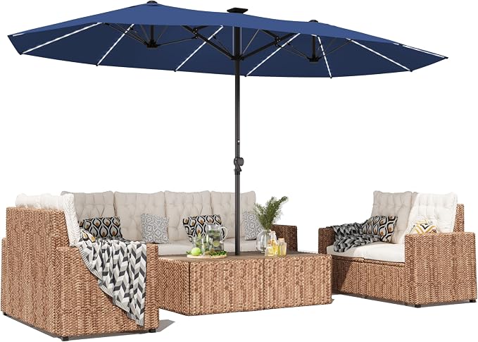 GDPFN 15ft Large Patio Umbrella with Solar Lights, Outdoor Double-Side Rectangular Umbrella, Backyard Pool Umbrella with LED Light for Deck, Outside, Market, Navy (Base Not Include)