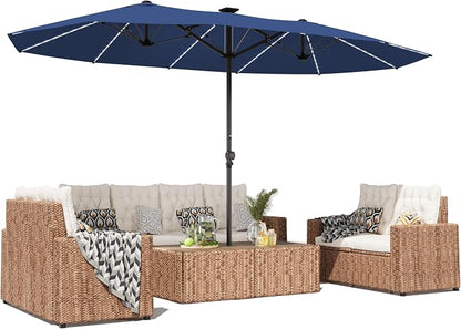 GDPFN 15ft Large Patio Umbrella with Solar Lights, Outdoor Double-Side Rectangular Umbrella, Backyard Pool Umbrella with LED Light for Deck, Outside, Market, Navy (Base Not Include)