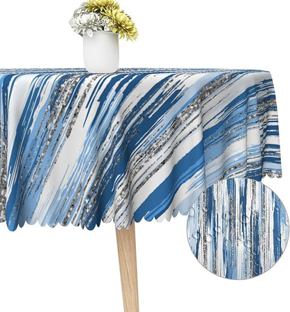 Abstract Striped Round Tablecloth 60 Inch Blue and White Old Texture Grunge Stripes Vintage Mosaic Dust-Proof Circle Table Cover Protector for Home Kitchen Restaurant Picnic Camping BBQ