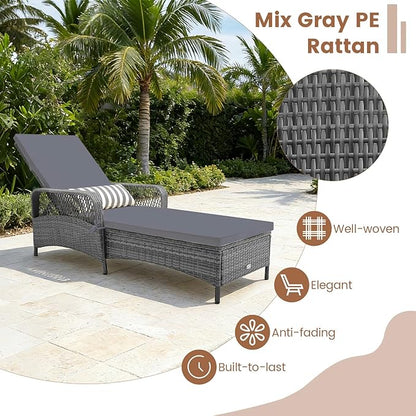 Tangkula Wicker Chaise Lounge Outdoor, Patio Rattan Reclining Chaise with 6-Gear Adjustable Backrest, Thick Padded Cushion & Removable Lumbar Pillow, Pool Lounge Chairs (1, Mix Grey + Grey)