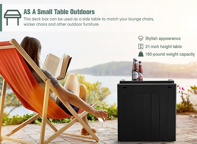 GUNJI 30 Gallon Small Deck Box Outdoor Waterproof Resin Storage Box Lockable Storage Container Outside Package Delivery Box (Black)