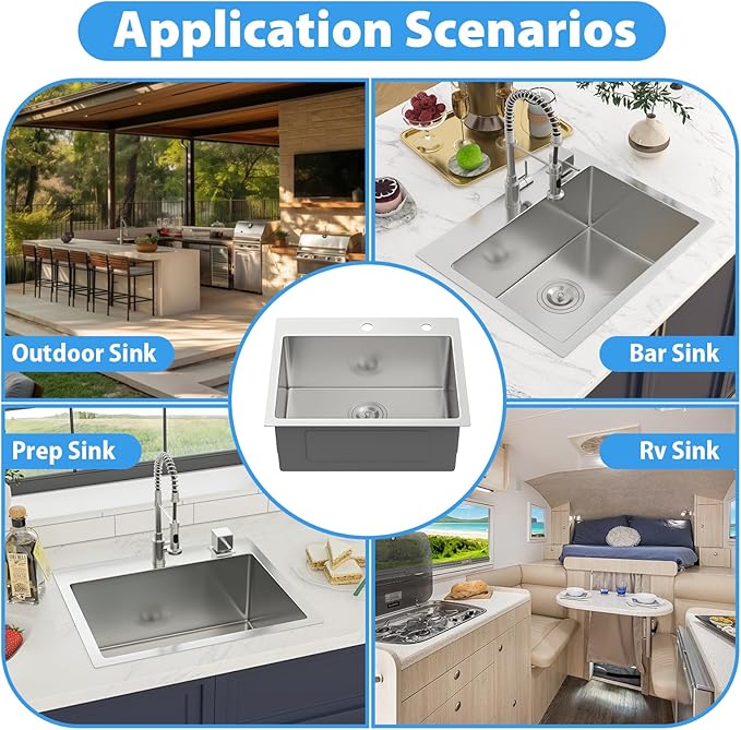 22 Drop In Bar Sink 22 x 18 Inch Kitchen Sink 18 Gauge Stainless Steel Single Bowl Topmount Handmade Sink for Outdoor, RV, 22x18x9