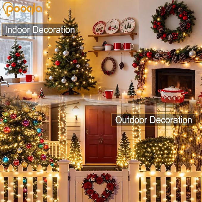 Pooqla 4 Pack String Lights Battery Operated, Total 66.6ft 200 LED Fairy Lights Indoor Outdoor Decorations, 8 Modes Warm White Battery Christmas Lights for Bedroom Classroom Porch Party Yard Decor