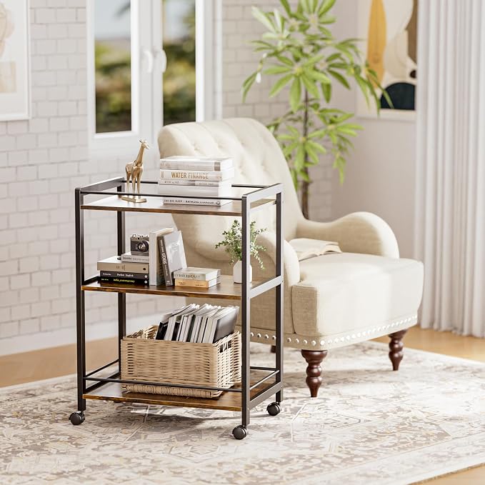 HITNET Bar Cart for the Home, Home Bar Serving Cart with Wheels and Storage Shelves, 3 Tier Rolling Liquor Beverage Cart for Kitchen Dining Living Room, Rustic Brown and Black