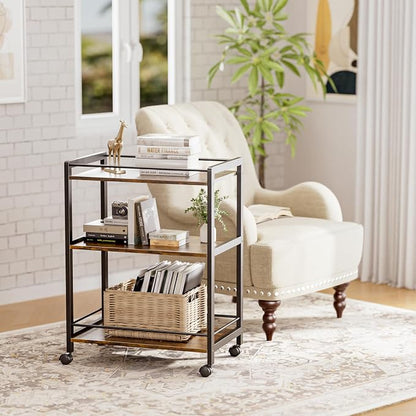 HITNET Bar Cart for the Home, Home Bar Serving Cart with Wheels and Storage Shelves, 3 Tier Rolling Liquor Beverage Cart for Kitchen Dining Living Room, Rustic Brown and Black