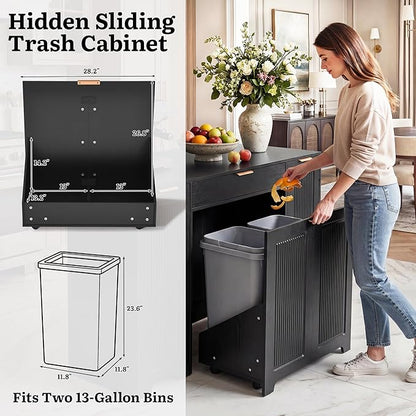 YITAHOME Expandable Kitchen Island with Hidden Trash Cabinet, 55.1" Rolling Kitchen Island with Drop Leaf, Storage Drawer & 3-Tier Side Shelves, Mobile Kitchen Island on Wheels with Towel Bar & Hooks