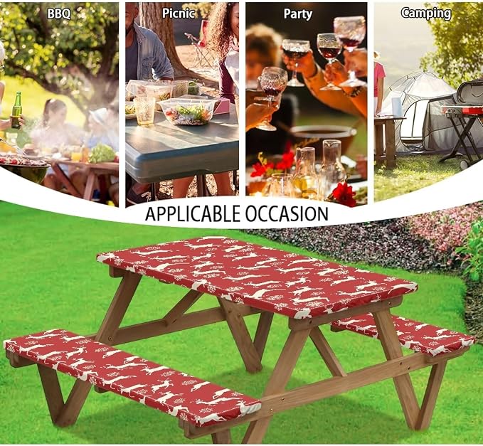 Xmas Picnic Table Cover with Bench Covers 3 PCS Christmas Reindeer Snowflake Fitted Picnic Table Cover for Outdoor Camping Accessories