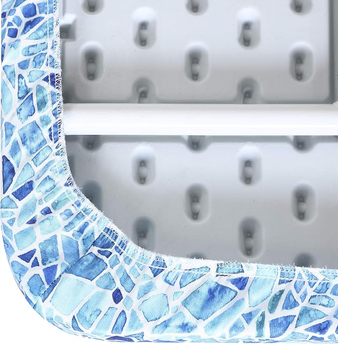 Brielle Home Easy Care Picnic Tablecloth Printed Indoor Outdoor Elastic Cotton Fabric Fitted Dining Table Cover, 30"x72" Rectangle, Blue Mosaic