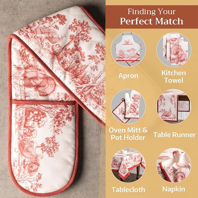 Maison d' Hermine Double Oven Mitts 100% Cotton Double Oven Glove (7"x35") | Heat Resistant BBQ Cooking Gloves with Loop Baking Kitchen Home Hotel Farmhouse Thanksgiving Christmas - Holy Jouy - Red