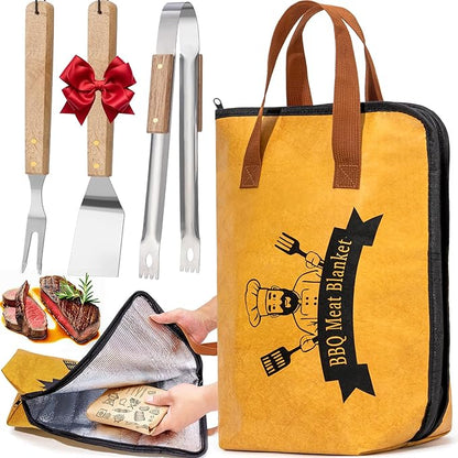 4PCS BBQ Blanket for Resting Meat, Grill Blanket with BBQ Tool Set, 17IN Reusable Smoker Meat Resting Blanket with Wide Mouth for Large Brisket Turkey, Ribs, Steak, Pork Shoulders