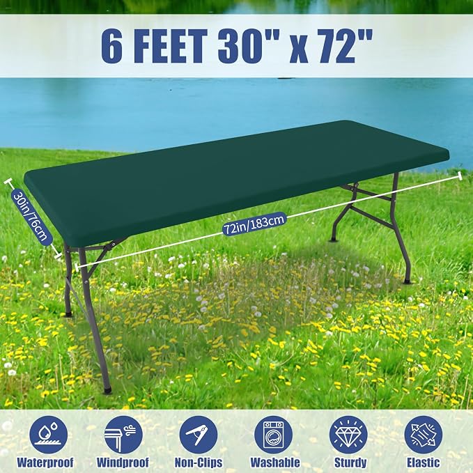 Moosfor 2 Pack Rectangle Spandex Fitted Table Cloth, 6FT Elastic Tablecloth | Washable Picnic Table Cover, Stretch Waterproof Table cloths for Party, Patio, Dining, Kitchen, 30" x 72", Blackish Green